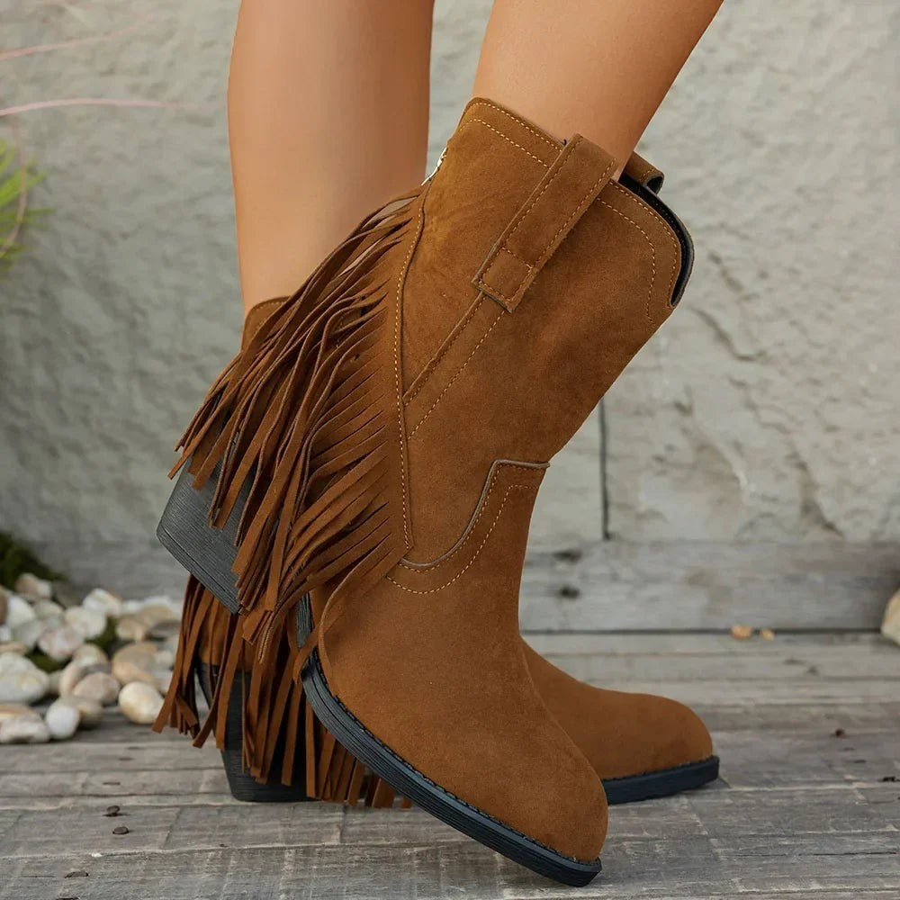 Women's Western Fringe Fold-Over Strap Pointed-Toe Block-Heel Cowboy Boots – Brown