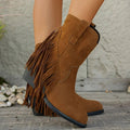 Women's Western Fringe Fold-Over Strap Pointed-Toe Block-Heel Cowboy Boots – Brown