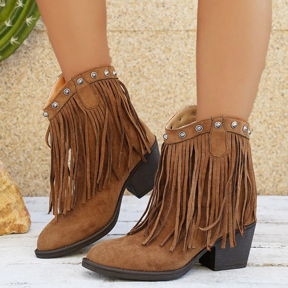 Women's Western Fringe Fold-Over Strap Pointed-Toe Block-Heel Cowboy Boots