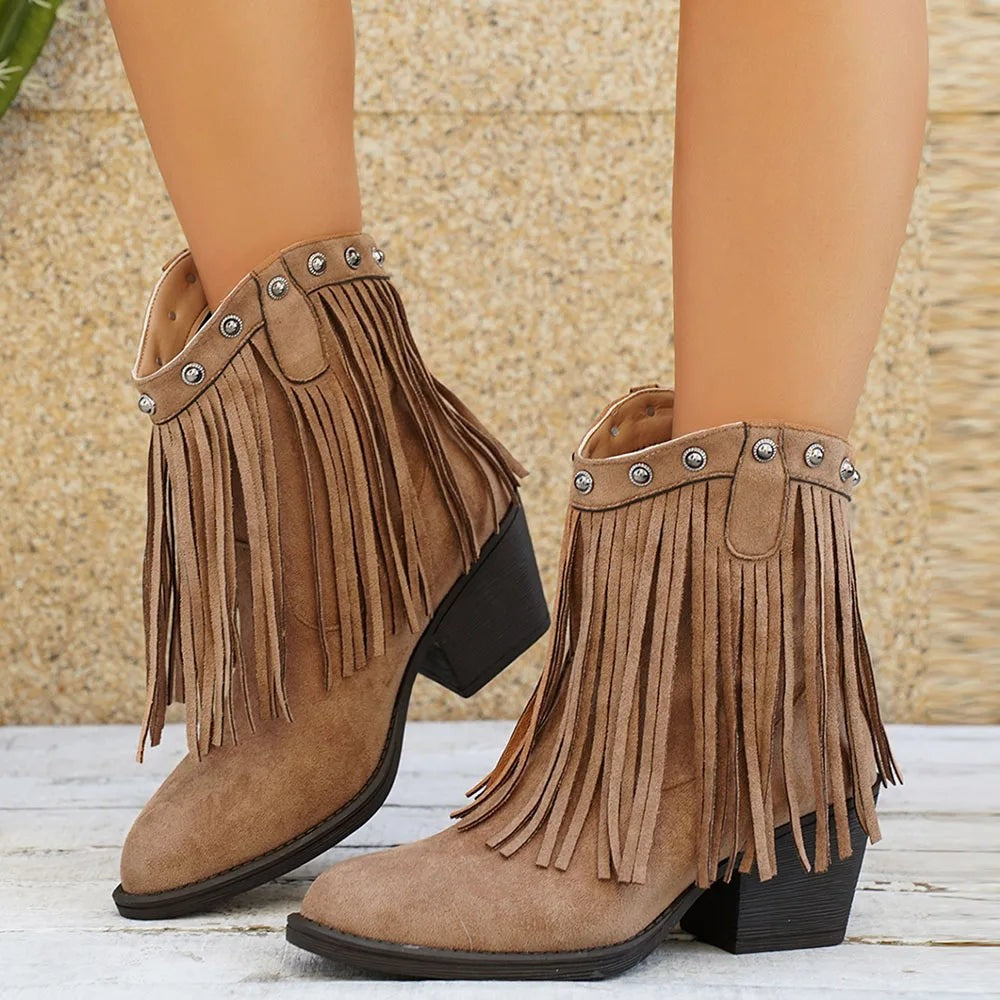 Women's Western Fringe Fold-Over Strap Pointed-Toe Block-Heel Cowboy Boots