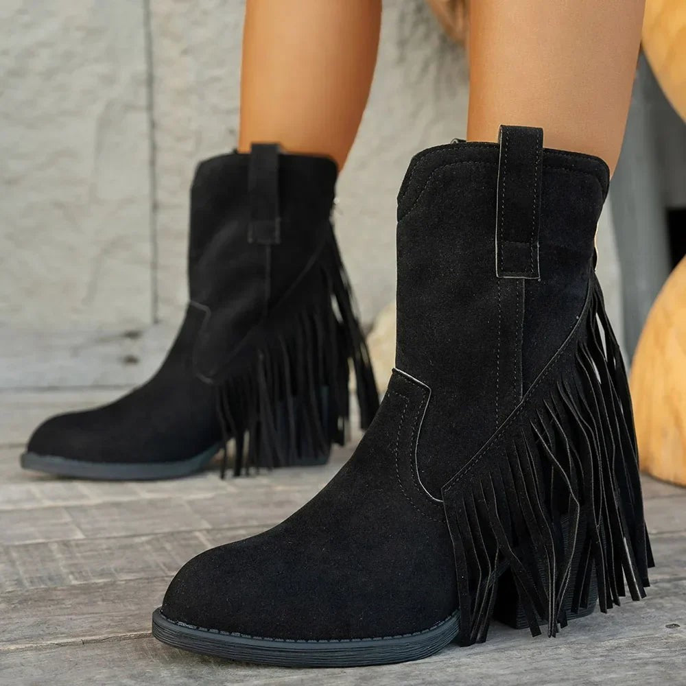 Women's Western Fringe Fold-Over Strap Pointed-Toe Block-Heel Cowboy Boots – Black