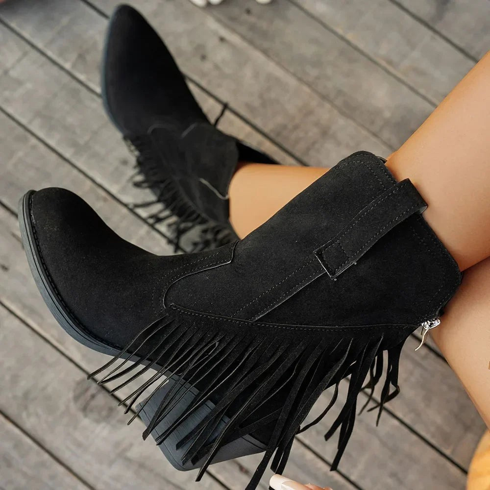 Women's Western Fringe Fold-Over Strap Pointed-Toe Block-Heel Cowboy Boots