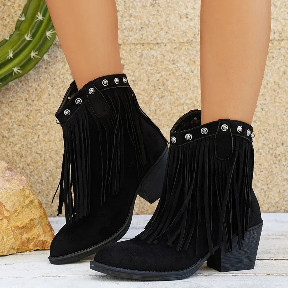 Women's Western Fringe Fold-Over Strap Pointed-Toe Block-Heel Cowboy Boots