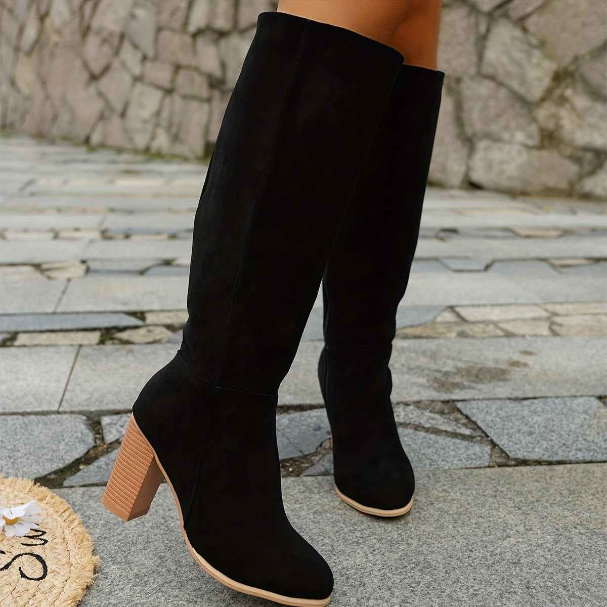 Women's Wide-Calf Round-Toe Block-Heel Knee-High Boots – Black