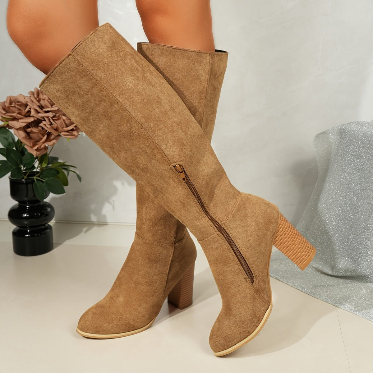 Women's Wide-Calf Round-Toe Block-Heel Knee-High Boots