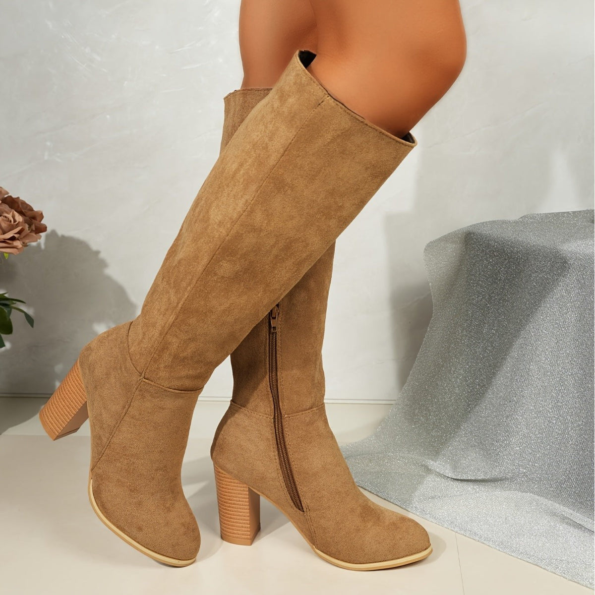 Women's Wide-Calf Round-Toe Block-Heel Knee-High Boots