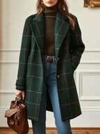 Women's Windowpane Check Notched-Lapel Double-Breasted Midi Coat – Dark Green