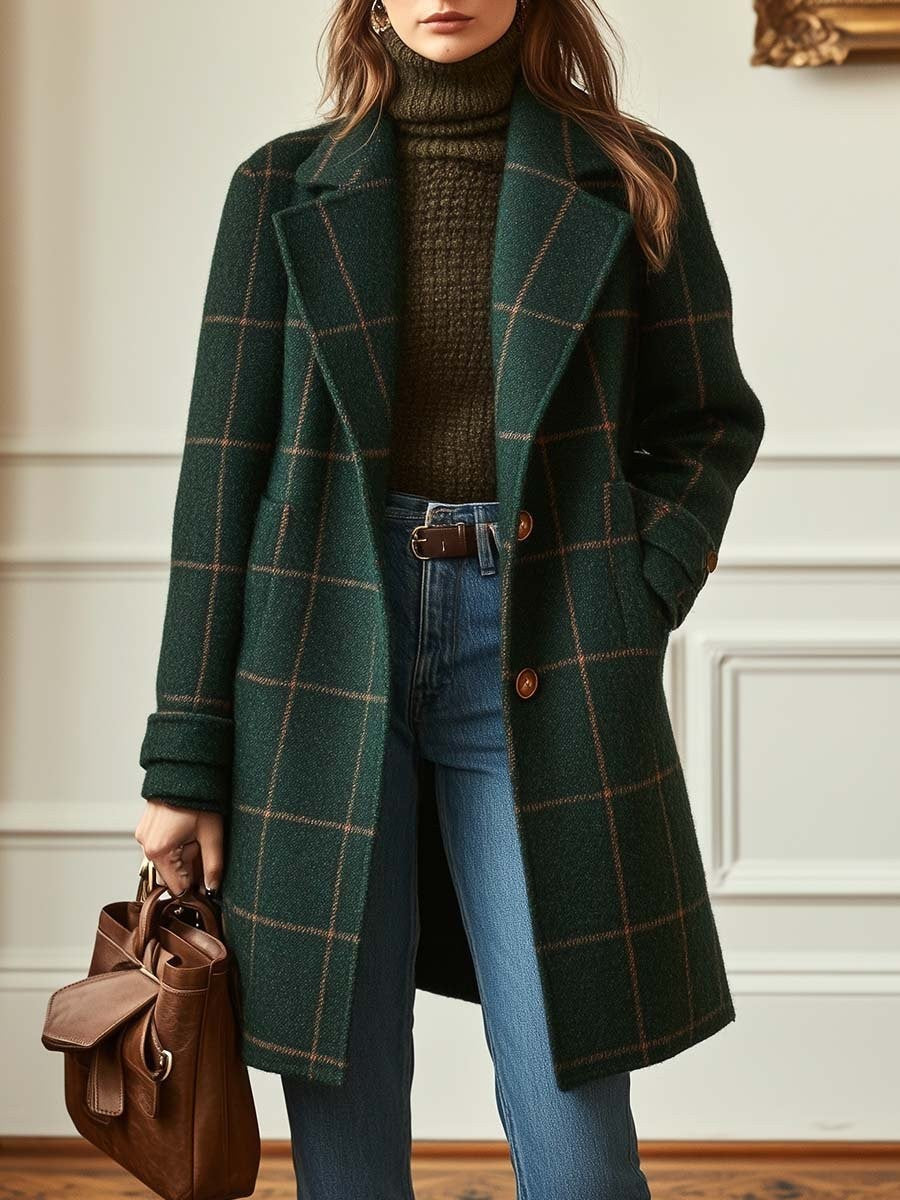 Women's Windowpane Check Notched-Lapel Double-Breasted Midi Coat – Dark Green