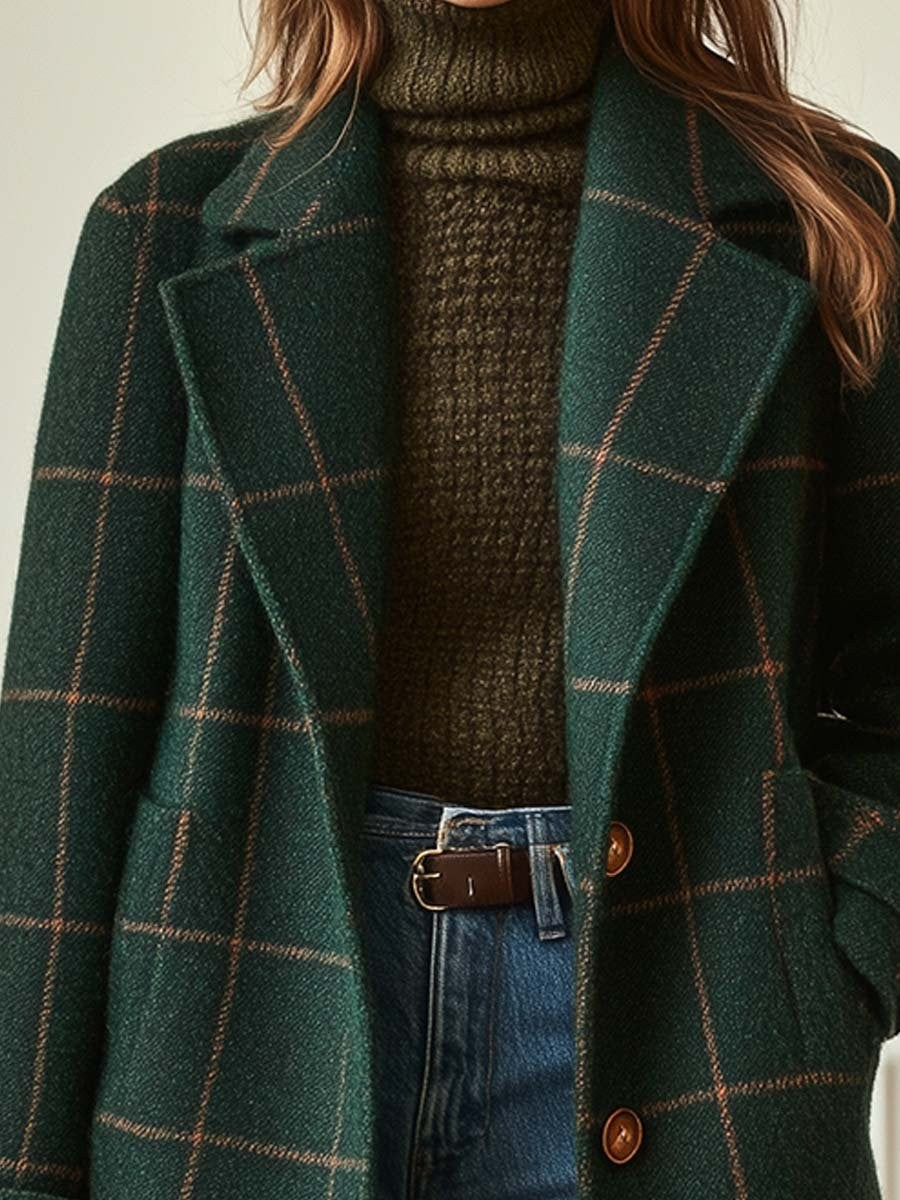 Women's Windowpane Check Notched-Lapel Double-Breasted Midi Coat