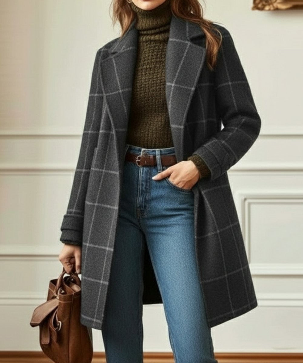 Women's Windowpane Check Notched-Lapel Double-Breasted Midi Coat – Grey