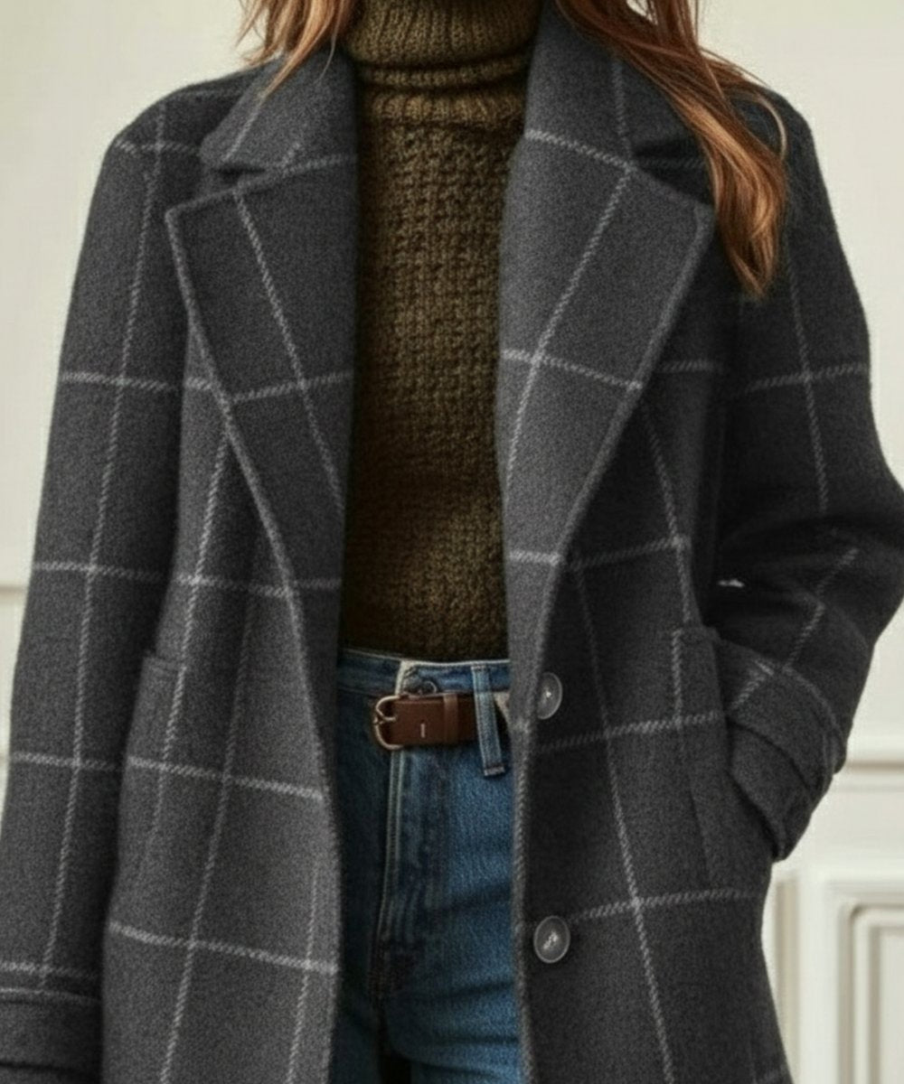 Women's Windowpane Check Notched-Lapel Double-Breasted Midi Coat