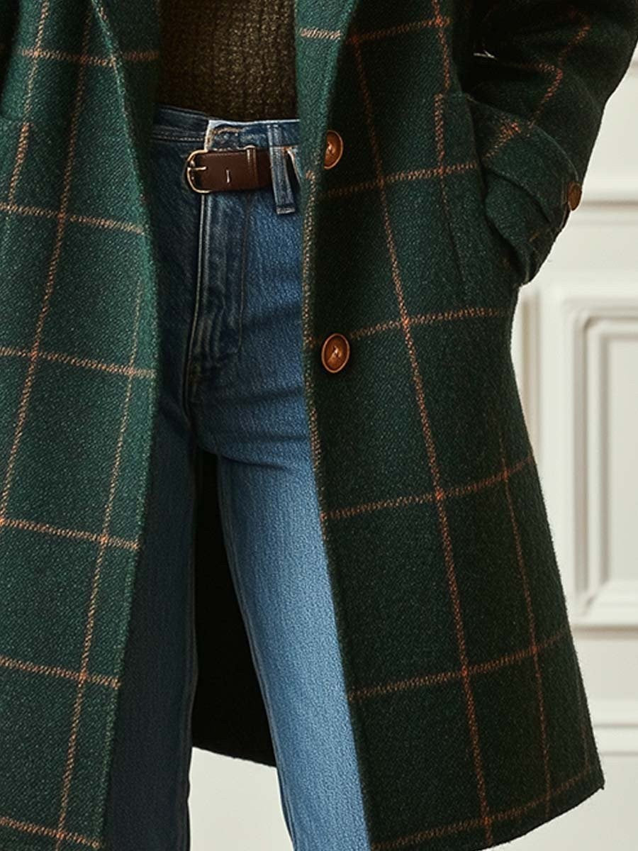 Women's Windowpane Check Notched-Lapel Double-Breasted Midi Coat