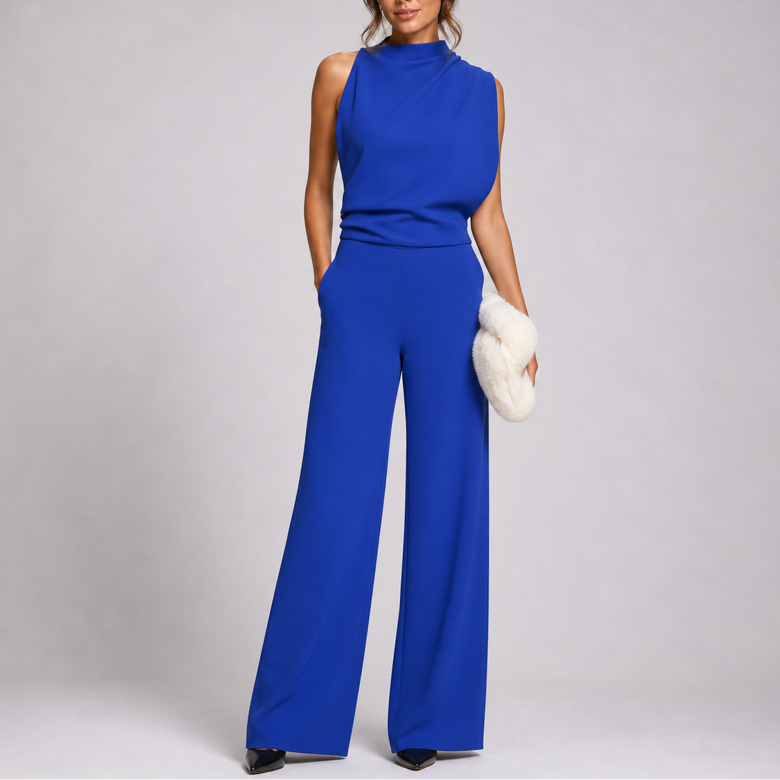 Women's Sleeveless High-Neck Wide-Leg Jumpsuit – Blue