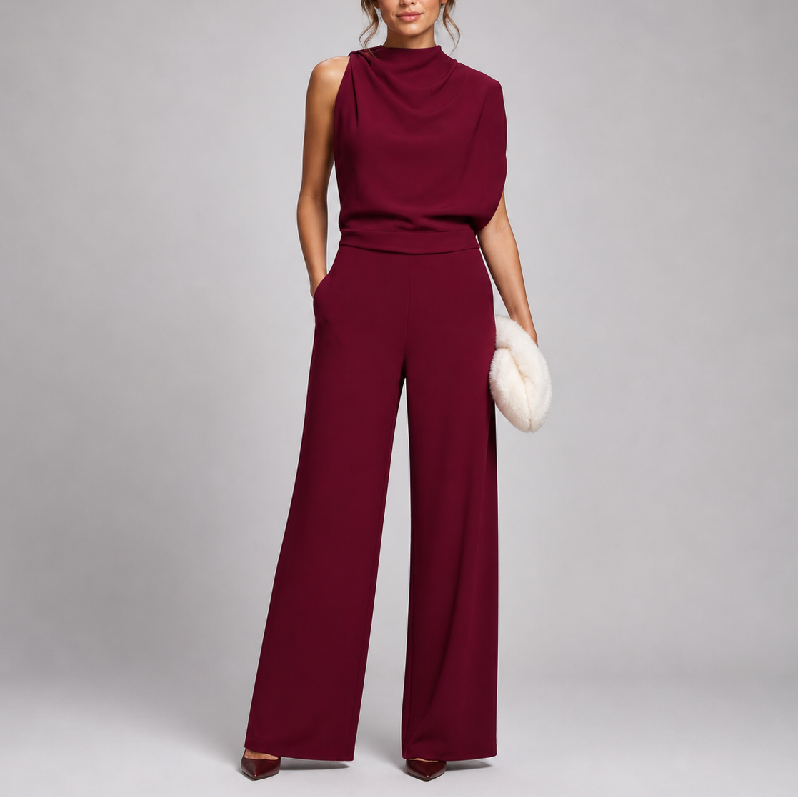 Women's Sleeveless High-Neck Wide-Leg Jumpsuit – Red