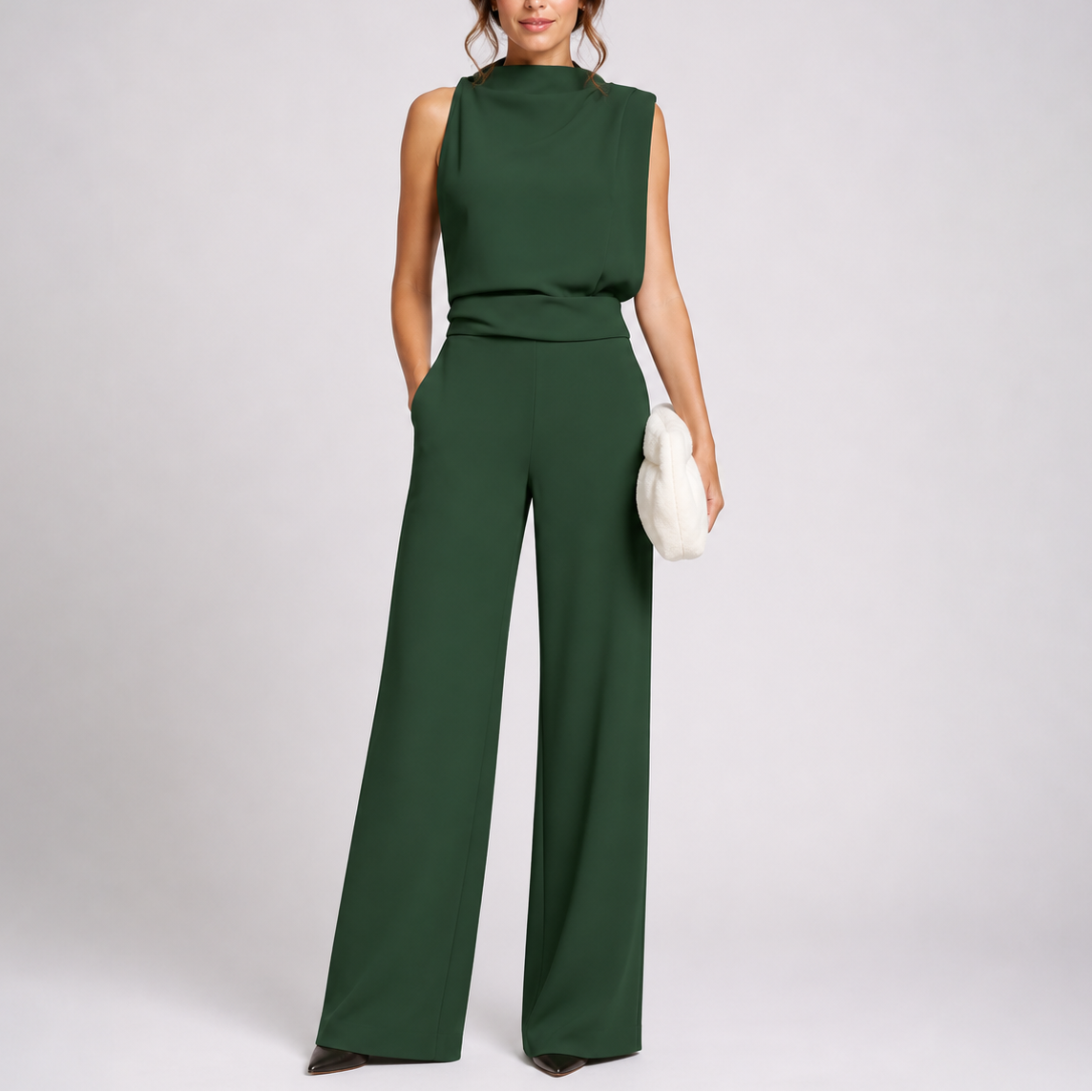 Women's Sleeveless High-Neck Wide-Leg Jumpsuit – Green