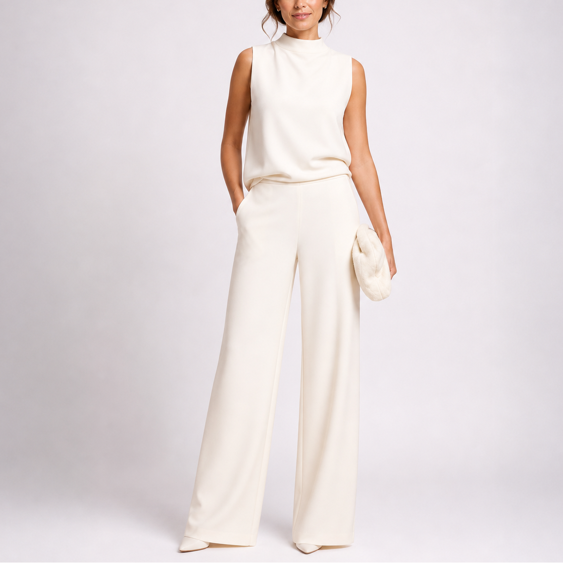 Women's Sleeveless High-Neck Wide-Leg Jumpsuit – White