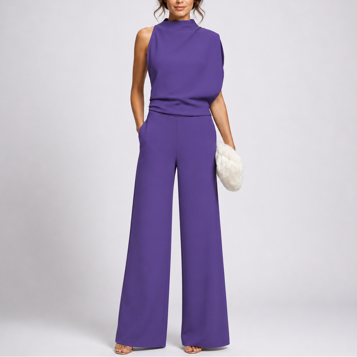 Women's Sleeveless High-Neck Wide-Leg Jumpsuit – Purple