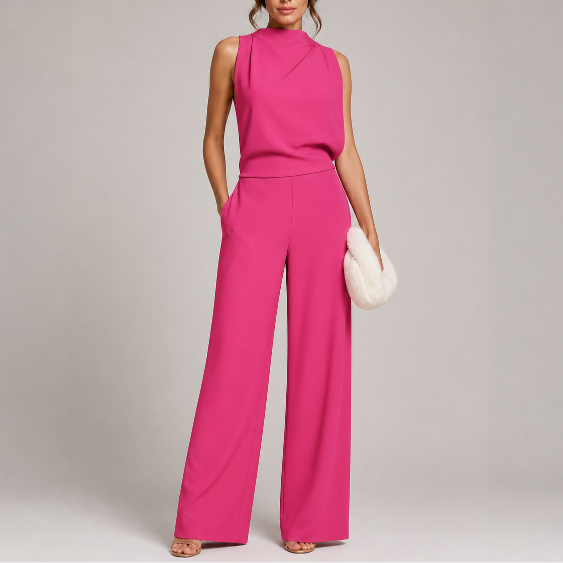 Women's Sleeveless High-Neck Wide-Leg Jumpsuit – Pink