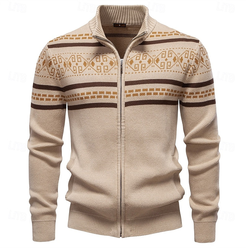 Women's Stand Collar Zip-Up Fair Isle Knit Cardigan – Khaki