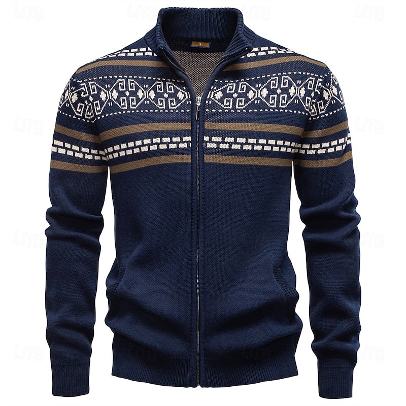 Women's Stand Collar Zip-Up Fair Isle Knit Cardigan – Navy Blue